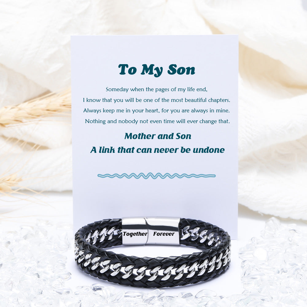 "A Link That Can Never Be Undone" Men's Bracelet, crafted from woven leather, packaged in a gift box with greeting card.