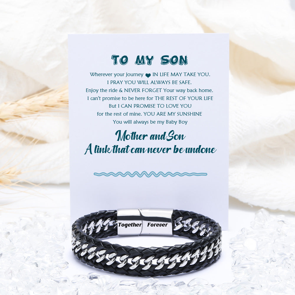 Leather weave men's bracelet with heartfelt message for sons, ideal gift with 10% off promotion.