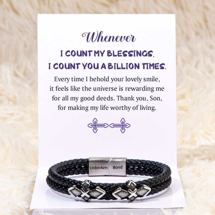 Leather braided bracelet with titanium steel accents, perfect gift for son, symbolizing endless love and gratitude.