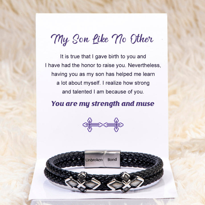 Leather braided bracelet with titanium steel accents, perfect gift for son, symbolic of strength and inspiration.