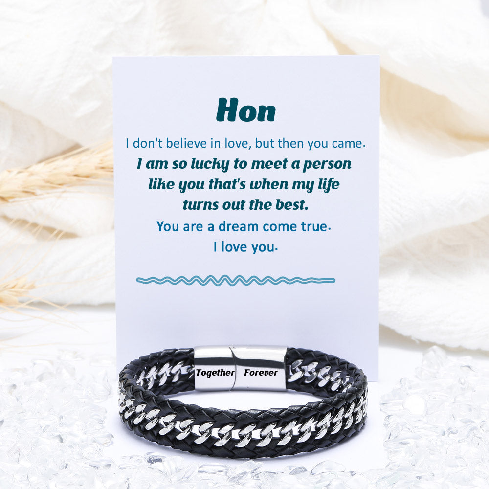 Men's Leather Bracelet with Heartfelt Card, Gift Box, and Bag, Symbolizing Love and Appreciation