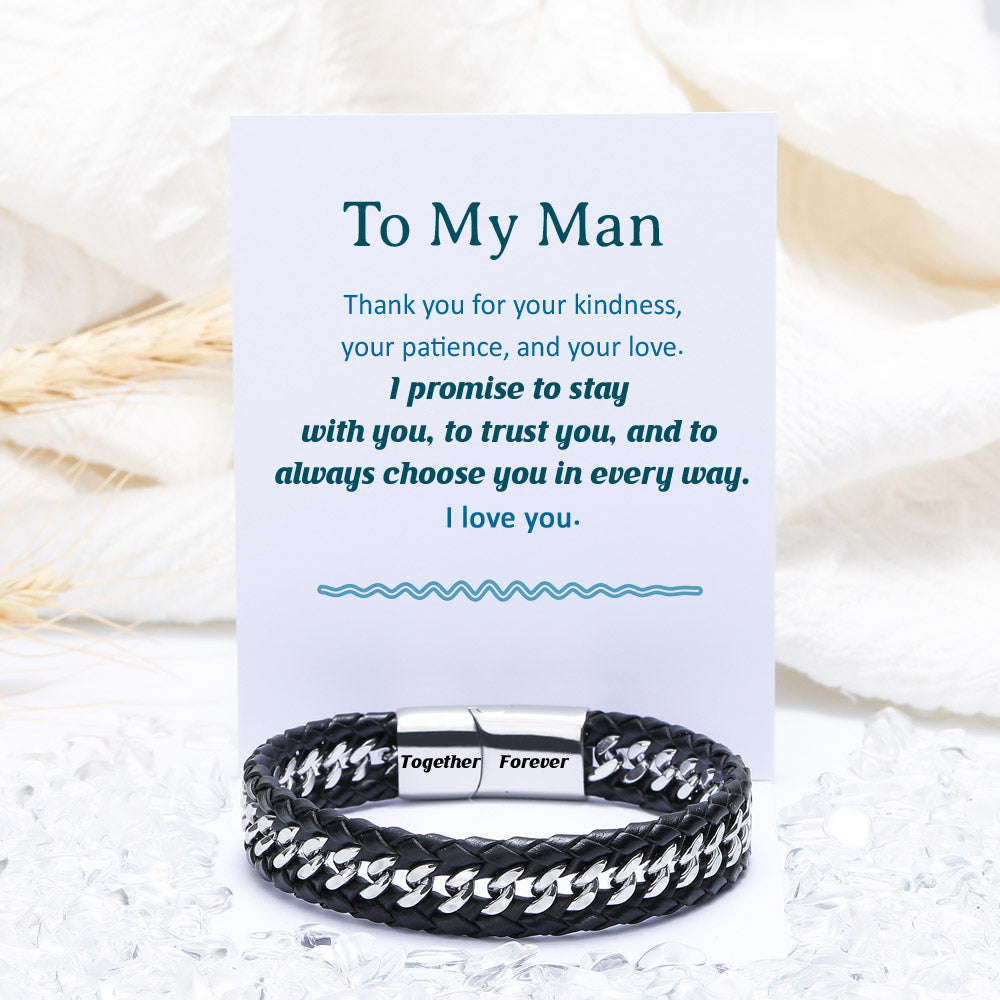 Men's Leather Bracelet with weave design, symbolizing love and commitment, ideal gift for expressing deep affection.