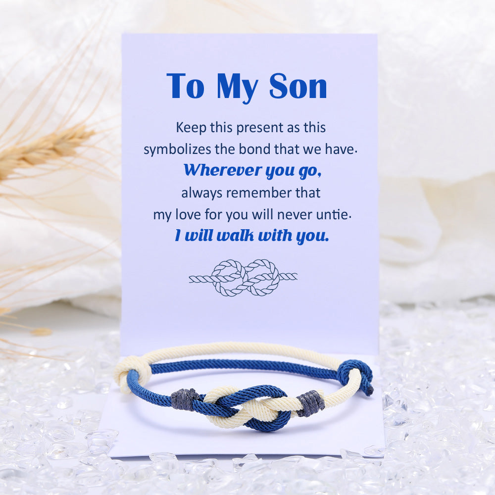 Handmade cotton rope knot bracelet with a heartfelt message card in a gift box.