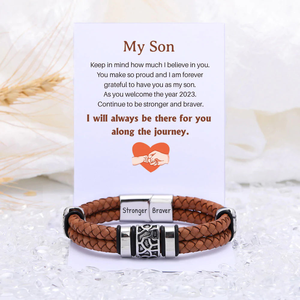 Leather wristband with retro design, perfect gift for son with inspirational message "I Will Always Be There for You".