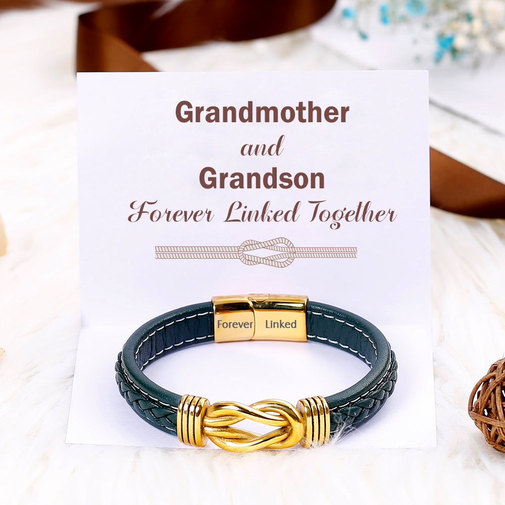 To My Grandson "Grandmother and Grandson Forever Linked Together" Leather Braided Bracelet