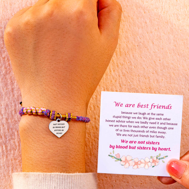 Braided bracelet with "Not Sisters by Blood but Sisters by Heart" design, crafted from cotton thread and titanium steel, ideal for best friends.