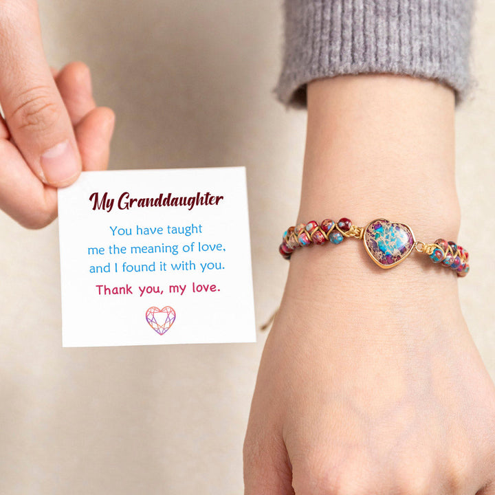  Heart-shaped beaded bracelet with sentimental message for granddaughter, packaged in gift box