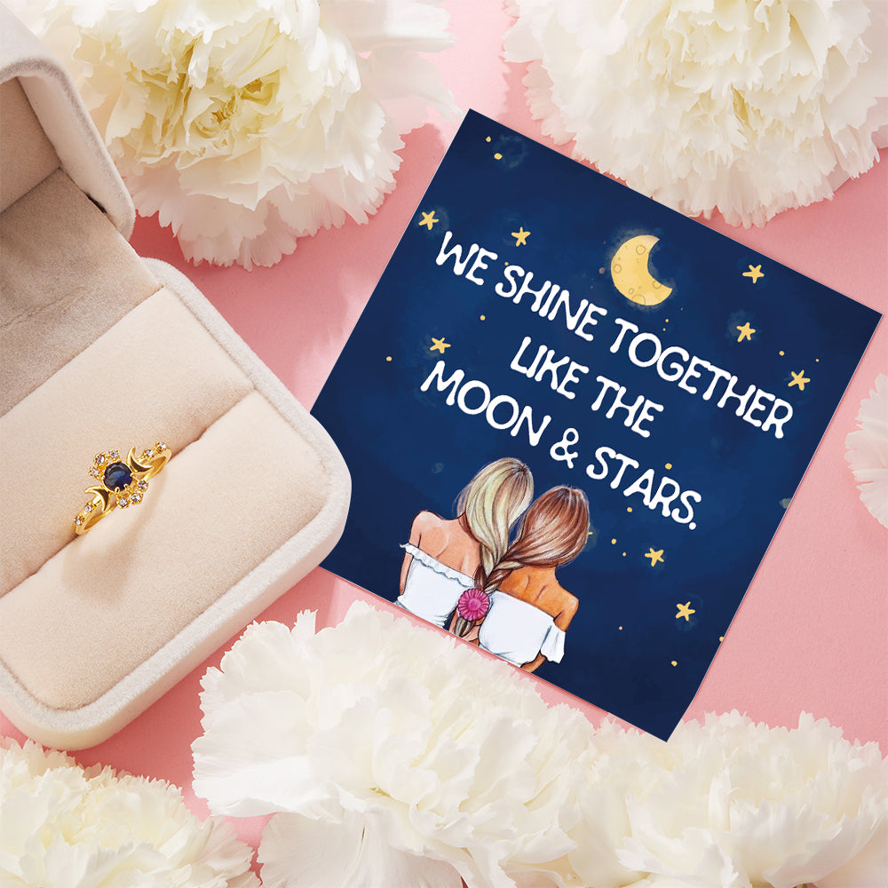 TO MY BEST FRIEND "We shine together like the moon & stars" Moon & Star Ring [💞 Ring +💌 Gift Card + 🎁 Gift Bag + 💐 Gift Bouquet] - SARAH'S WHISPER