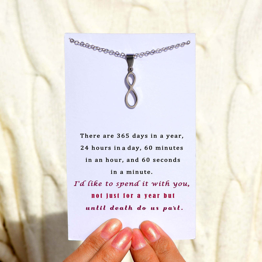 "Till Death Do Us Part" Infinity Necklace, crafted from alloy with plating, packaged in a gift box with greeting card.